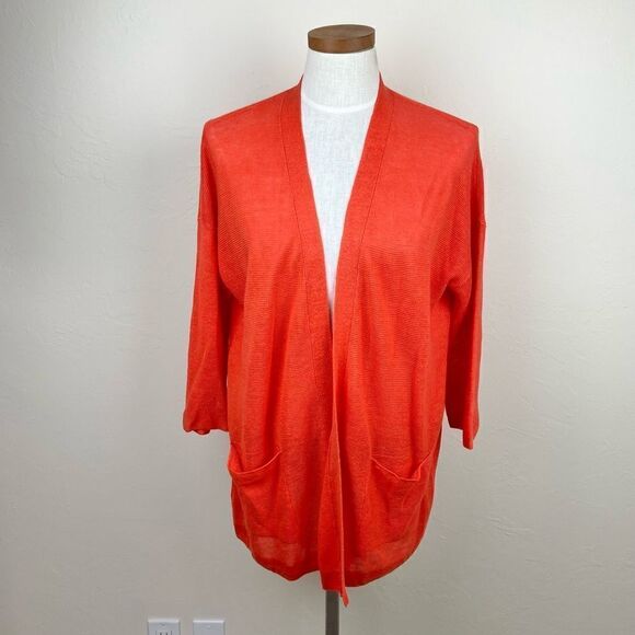 Eileen Fisher Knit Orange Open-Front Pocket Cardi...